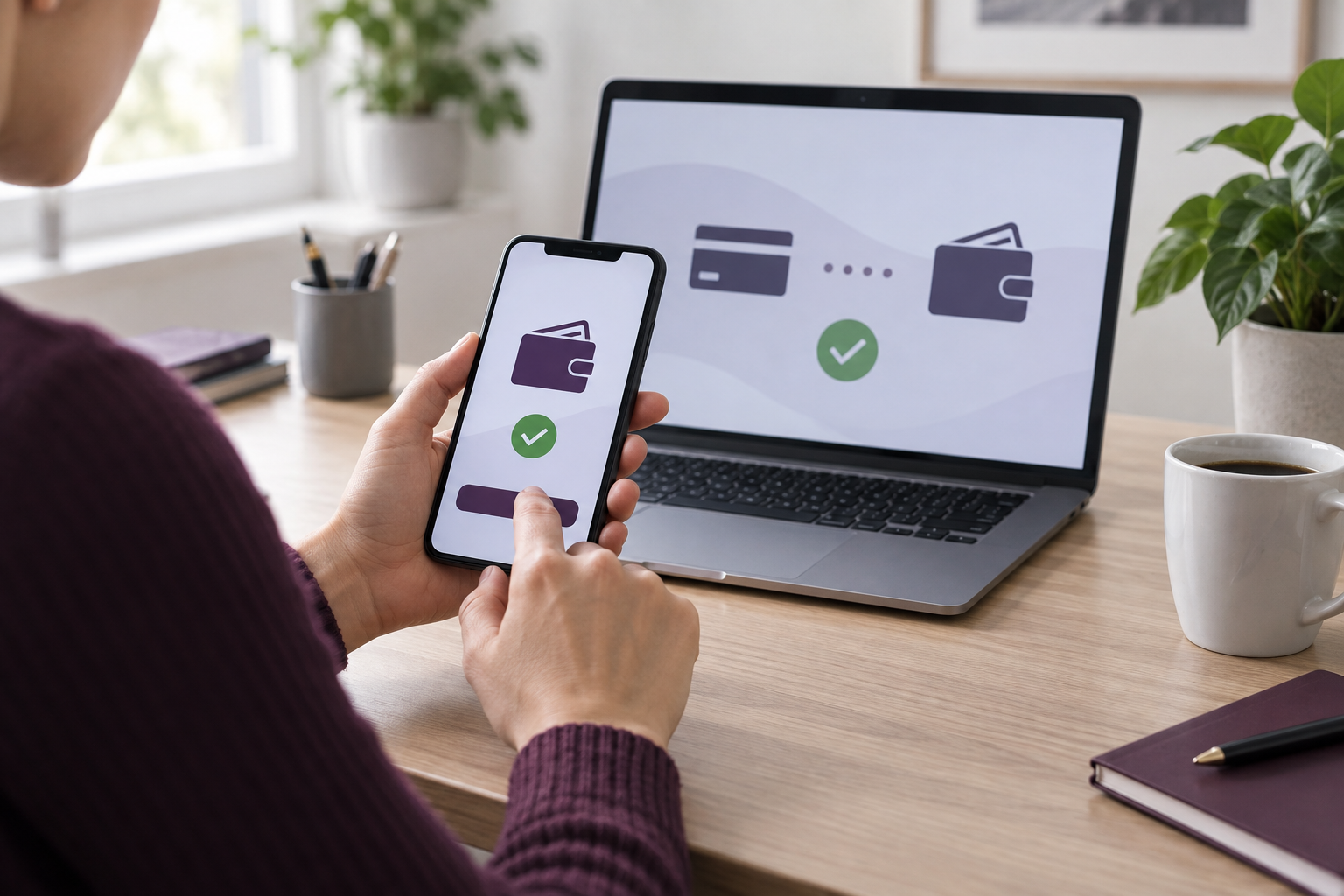 Uživatel potvrzuje platbu v telefonu; na notebooku jsou zobrazené abstraktní prvky platebního rozhraní