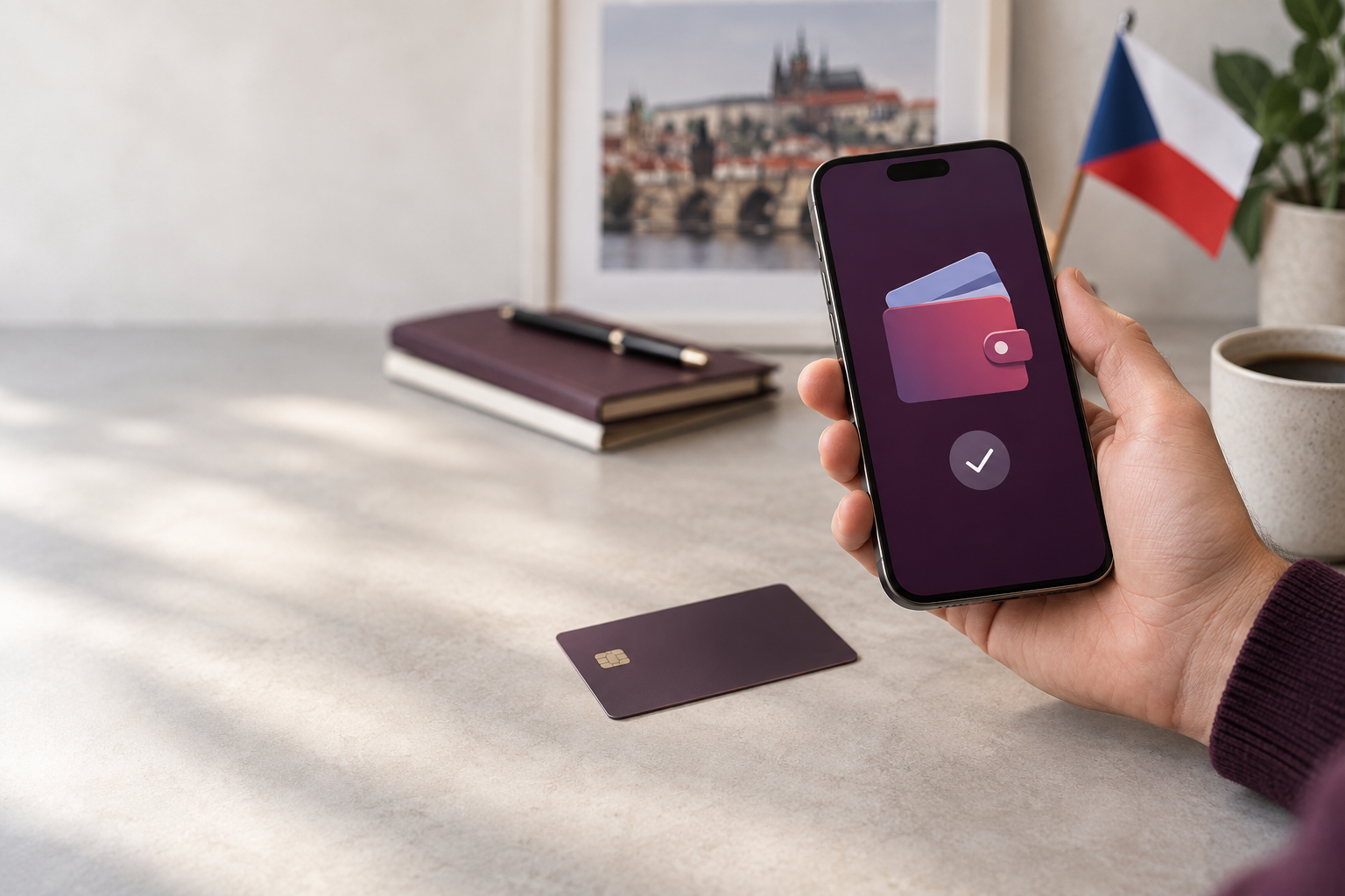 Ruka drží smartphone s ikonou digitální peněženky vedle platební karty; v pozadí je česká vlajka